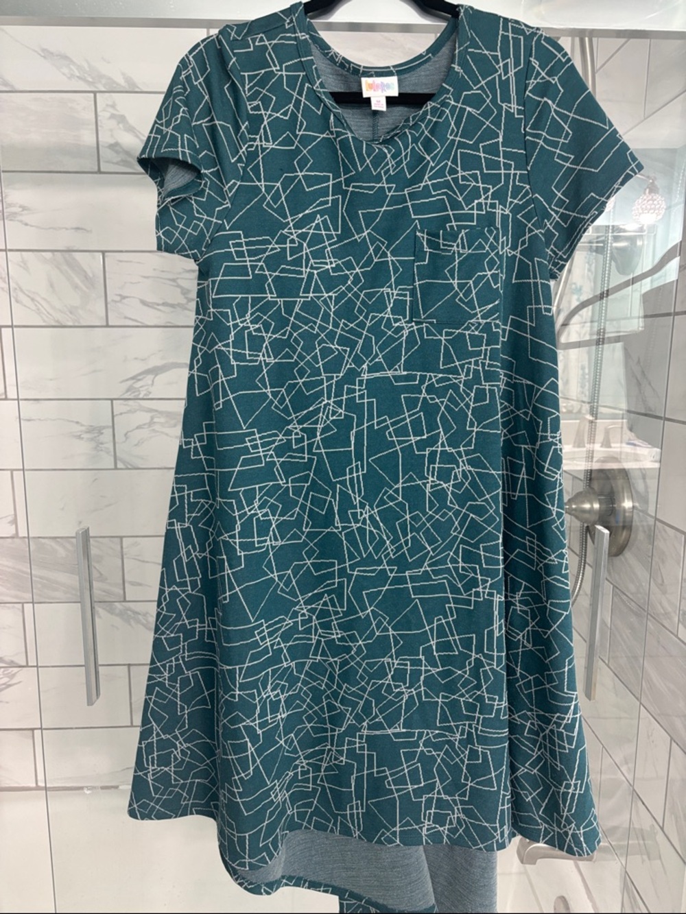LuLaRoe Teal White Geometric Crew Neck Top